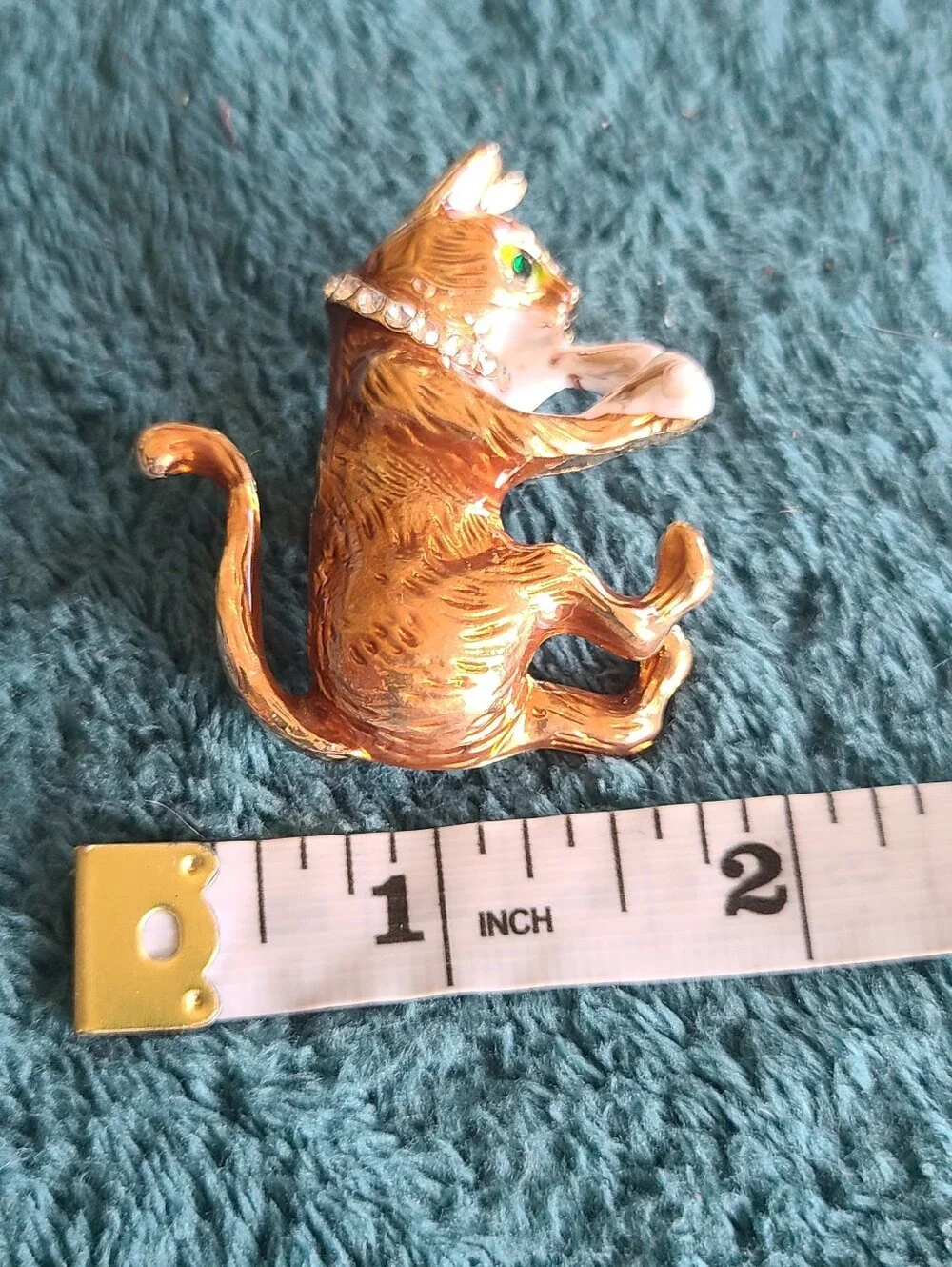 Vintage Gold-Tone Cat Brooch with Green Eye and White Accents - Vintage